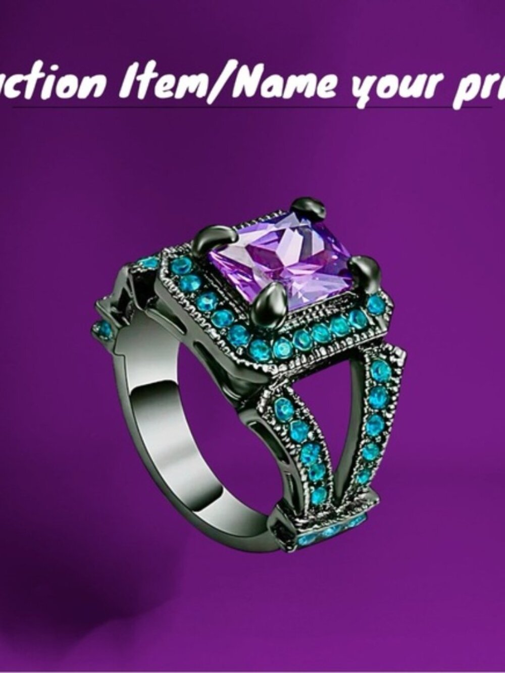 💝Oversized Purple Amethyst accented blue AAA Black Gold Rhodium Ring